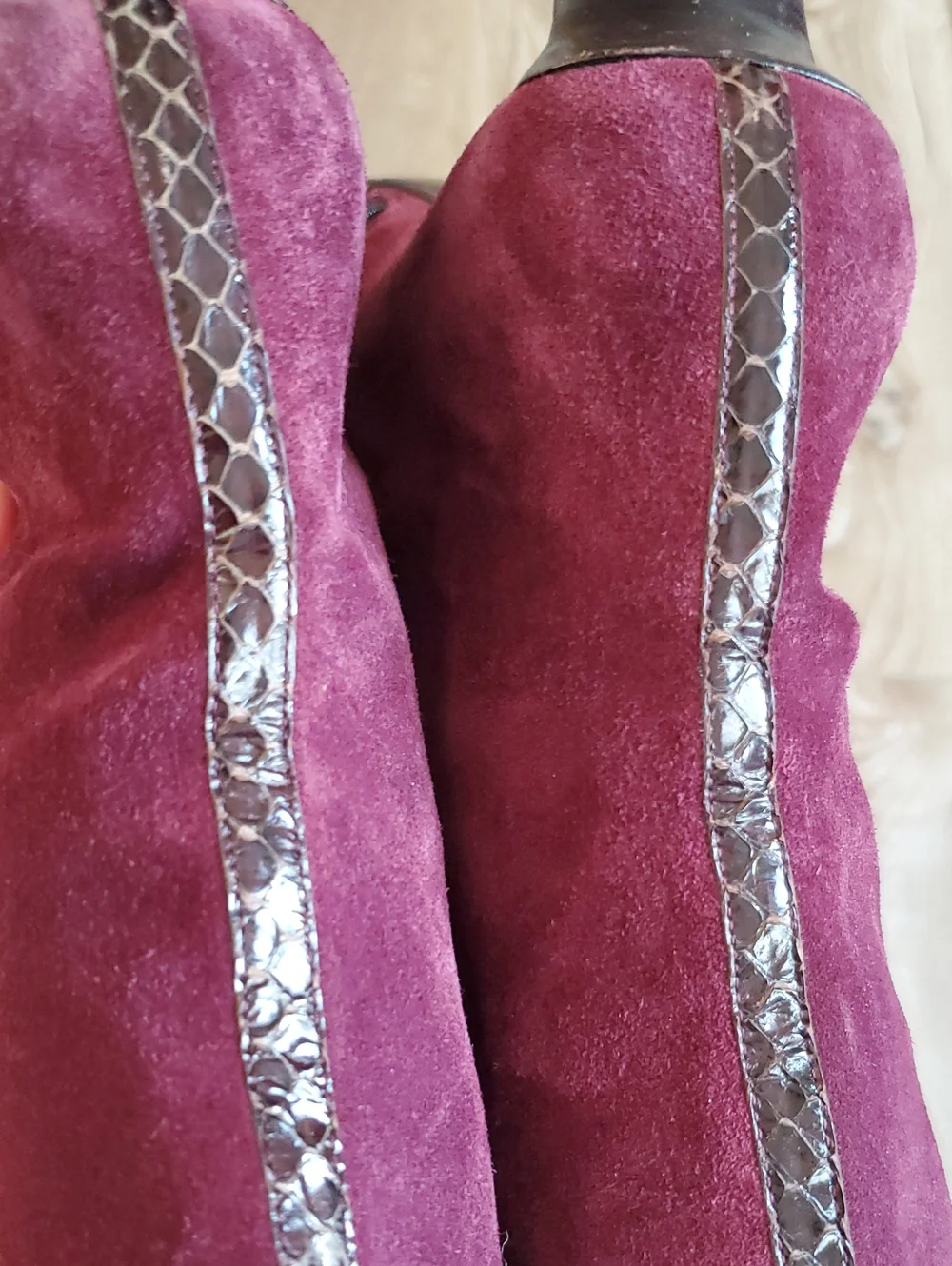 Barbara Bui Burgundy Suede Over-the-Knee Pointed Boots Snakeskin Trim